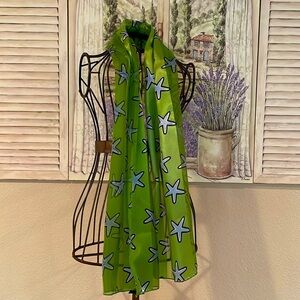 Blue Starfish on Bright Green Background Scarf by Silk Feel